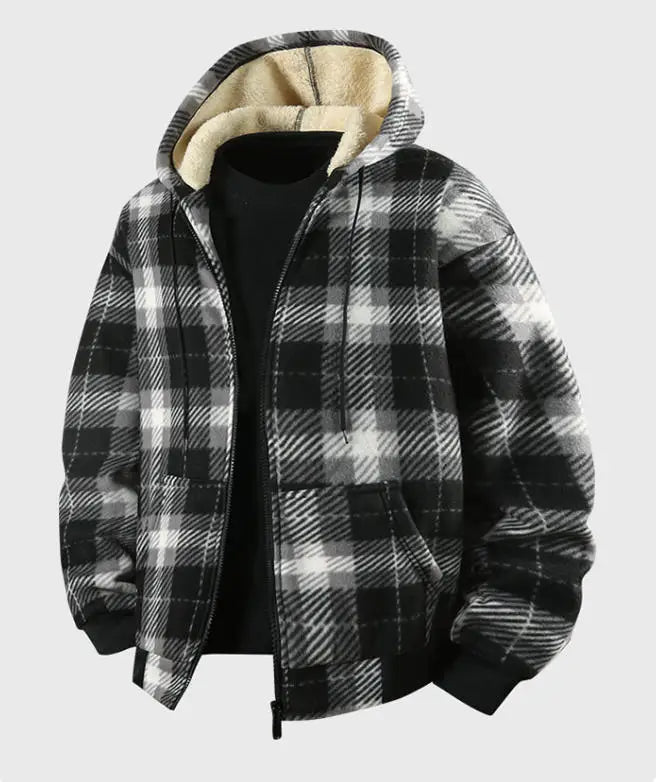 New Fashion Fleece Lined Men's Casual Hooded Plaid Shirt Jacket