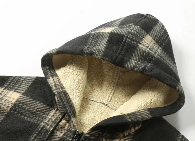 New Fashion Fleece Lined Men's Casual Hooded Plaid Shirt Jacket
