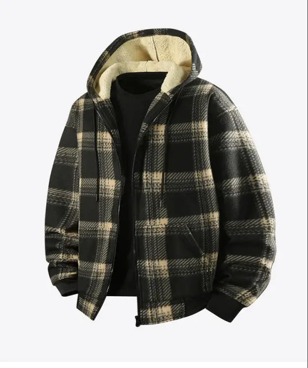 New Fashion Fleece Lined Men's Casual Hooded Plaid Shirt Jacket